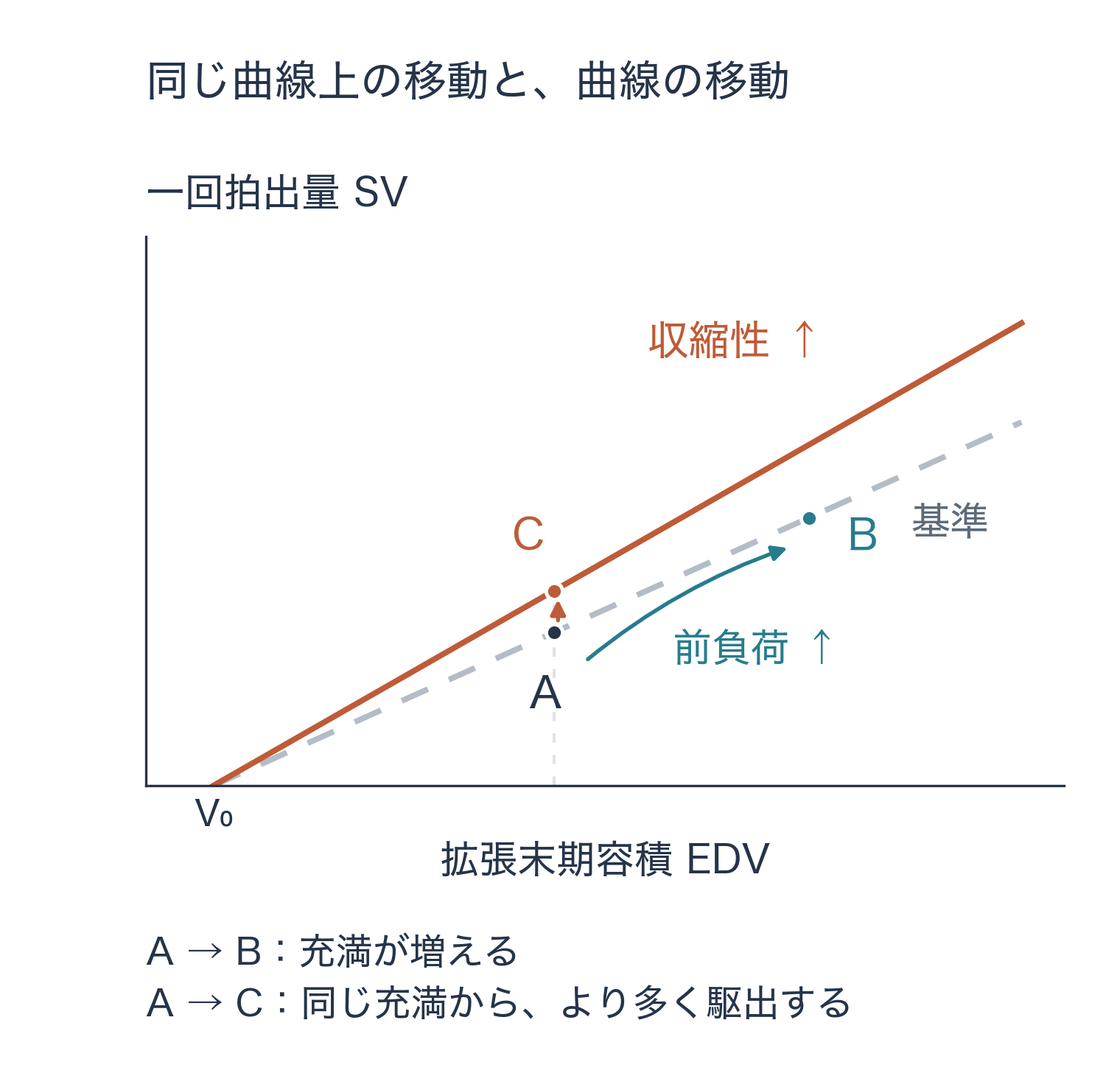 横軸がEDV、縦軸がSV。AからBへは同じ直線上を右上へ移る。AからCへは同じEDVのまま、より高い直線へ移る。